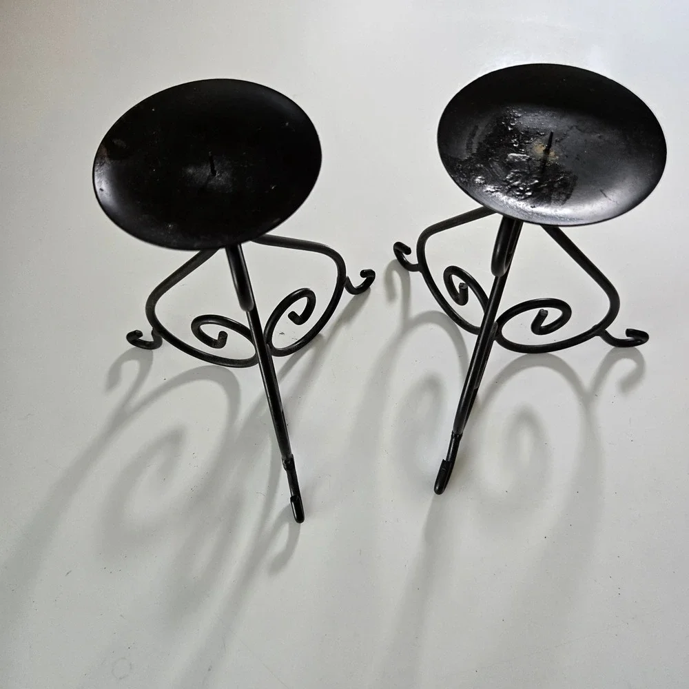 Target Wrought Iron Pillar Candle Holder Set of 2 Black Scrollwork Tripod Base